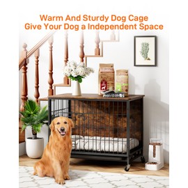 GAOMON 2024 New 27.2” Dog Crate Furniture, Heavy-Duty Wooden Large Dog Kennel with Removable Tray and Wheels, Double-Doors Dog Cage End Table, Modern Indoor Dog House for Small Dogs, Rustic Brown