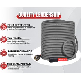 YAMATIC Super Flexible Pressure Washer Hose 75FT 1/4", Kink Resistant Power Washer Hose Replacement for Flexzilla Uberflex Ryobi Genarac Troy Bilt Leak-Free M22 Fittings, 3200 PSI, Grey