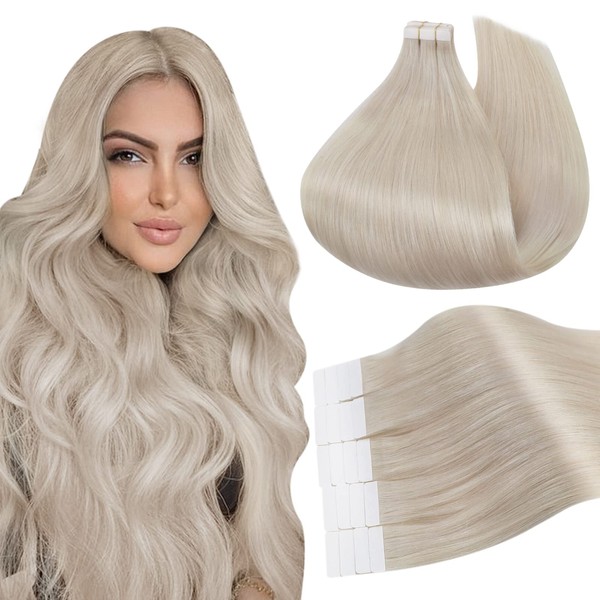 Blonde Tape Hair Extensions, Ugeat 18inch Tape in Human Hair Extensions #60A White Blonde Hair Extensions Tape in Hair Extensions Real Human Hair 50g/20pcs