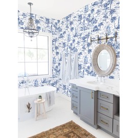 Baolanzw Navy Nautical Peel and Stick Wallpaper Toile Wallpaper for Bathroom French Vintage Contact Paper for Bedroom Walls Backdrop Cabinet Home Decor 17.3"x118" (Blue, 17.3"x118")