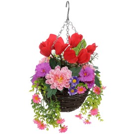 Artificial Fake Hanging Flowers Plants Basket for Outdoor Spring Decor, Faux Silk Flower in Planter Look Real Faux Bougainvillea Flower Arrangement for Porch Home Patio Garden