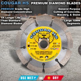 Delta Diamond Cougar HS 4 1/2 Inch Segmented Diamond Saw Blade, 7/8"-5/8" Arbor, Premium, General Purpose Wet/Dry Cutting Concrete, Masonry, Brick, Block (4.5")