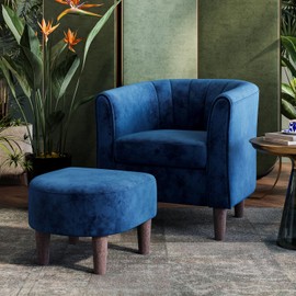 LINSY Accent Chair with Ottoman, Modern Barrel Chair Comfy Armchair Reading Chair with Footrest, Round Arms Chair for Living Room Bedroom Reading Room, Velvet, Blue