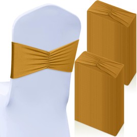 Moukeren 50 Pcs Spandex Chair Sashes Bows Stretch Chair Bands Slider Sashes Elastic Ties Ribbon Covers for Wedding Party Events Ceremony Birthday Banquet Decorations(Gold)
