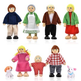 Udbrud Dollhouse Doll Family Set, Bending Dolls Dolls House 7 People Wooden Mini Dolls with 2 Dogs Dollhouse Dolls 9 Piece Doll Families Dollhouse for Children Game House Gift