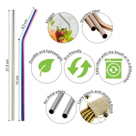 Wild & Stone | Rainbow Coloured Steel Drinking Straws | 4 Straight and 4 Curved with Cleaning Brush | Eco-Friendly, Food Grade & Dishwasher Safe Metal Drinking Straws | Rainbow - 8 Pack