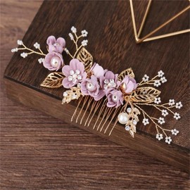 DANRENPANG Bride Wedding Hair Comb Pearl Flower Hair Piece Rhinestone Bridal Hair Accessories for Women (rose red)