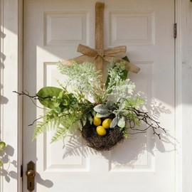 Bird Nest Decor for Front Door 12'' Artificial Rattan Burlap Bow with Fern Eucalyptus and Eggs Hanging Rustic Easter Decor for Spring Front Door Window Home Farmhouse Porch Wall Wedding