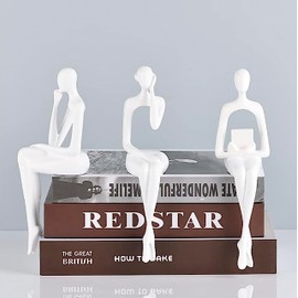 XYQXYQ Sitting Figure, Abstract Sculpture Of A Thinking Person On A Bookshelf, Gold Figure Decoration, Excellent Resin Collection Sculpture for Home Office (White-ABC)