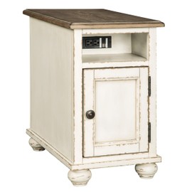 Signature Design by Ashley Realyn French Country Chair Side End Table with Outlets & USB Ports, Cream Antique White