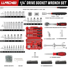LLNDEI 106PCS 1/4-inch Drive Socket Set with Wrench,CR-V Steel Kit, Ratchet Handle, Screwdriver Bit Set and Magnetic Pickup Tool，With 11x8x2.5-inch Carrying Case