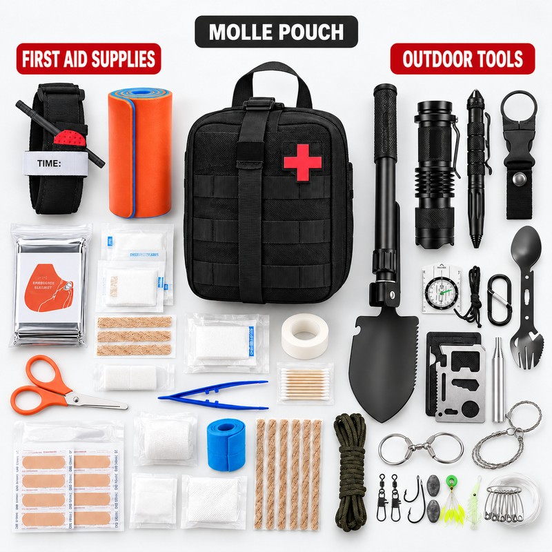 MOLLE Tactical First Aid & Survival Kit with Folding Shovel,