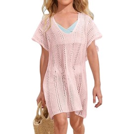 Yesfashion Girls swim cover up crochet swimsuits kids swimwear beachwear tops, Light Pink, 13-14 Years