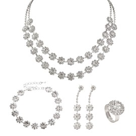 YSDYY 4 Pieces Women'S Fashion Jewelry, Double Layer Rhinestone Flower Necklace, Layered Bracelet, Rhinestone Jewelry Set For Parties, Celebrations And Weddings