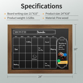 SHANTRA 24"x18" Chalk Board Calendar for Wall, Magnetic Solid Pine Wood Frame Wall Chalkboard, Calendar Chalkboard with Chalk Marker & Magnets, Hanging Wall Chalk Board for Office, School and Home
