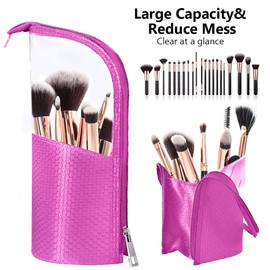 couragejoy Travel Make-up Brush Holder Organizer Bag，Clear Plastic&Oxford Cosmetic Zippered Case，Portable Waterproof Stand-Up Makeup Brush Pouch, Professional Artist Small Toiletry Cup, Red, Simple