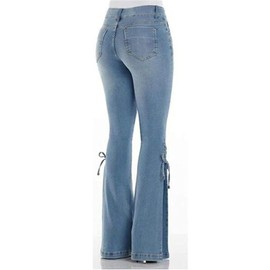 Women's Lace-up Bell Bottom Denim Jeans Mid Waist Stretchy Flare Pants Trouser Leggings (Blue, S)