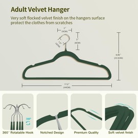 Stormix 36 Pack Velvet Hangers, 17.3 x 8.9 Inches Clothes Hangers, Non Slip Dresses Hangers with Shoulder Notches for Adult Dark Green