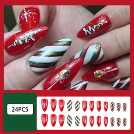 Christmas Press On Nails Almond, Christmas Nails Glue On，24Pcs Christmas Fake Nails With Glue, Red Christmas Nails Press On With Red and Green Glitter Color Stripes Design，Stick On Nails for Women