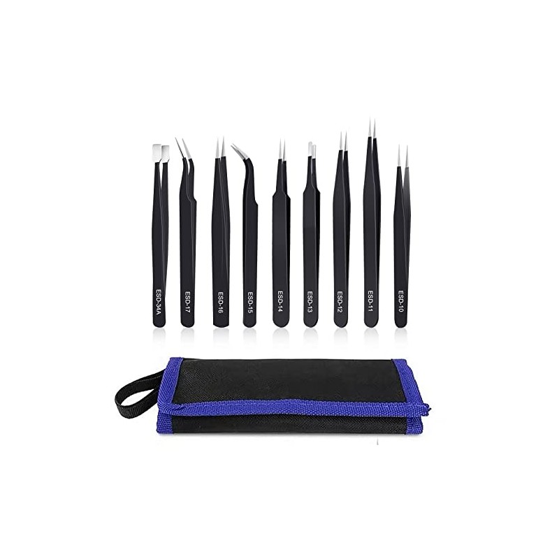 kaverme 9PCS Precision Tweezers Set, Upgraded Anti-Static Stainless Steel