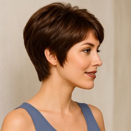 Dunkelbraune Damen perücke, Elfen perücke, kurze Perücke mit Pony für Damen, modische, natürliche, flauschige Perücke für Damen mit kurzen Haaren.