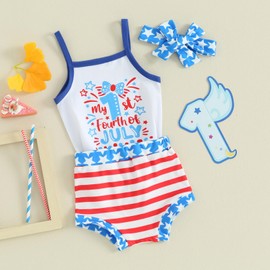 Ayalinggo Newborn Baby Girl My First 4th of July Outfit Set My 1st Fourth of July Romper Shorts Summer Clothes with Headband (Blue, 12-18 Months)