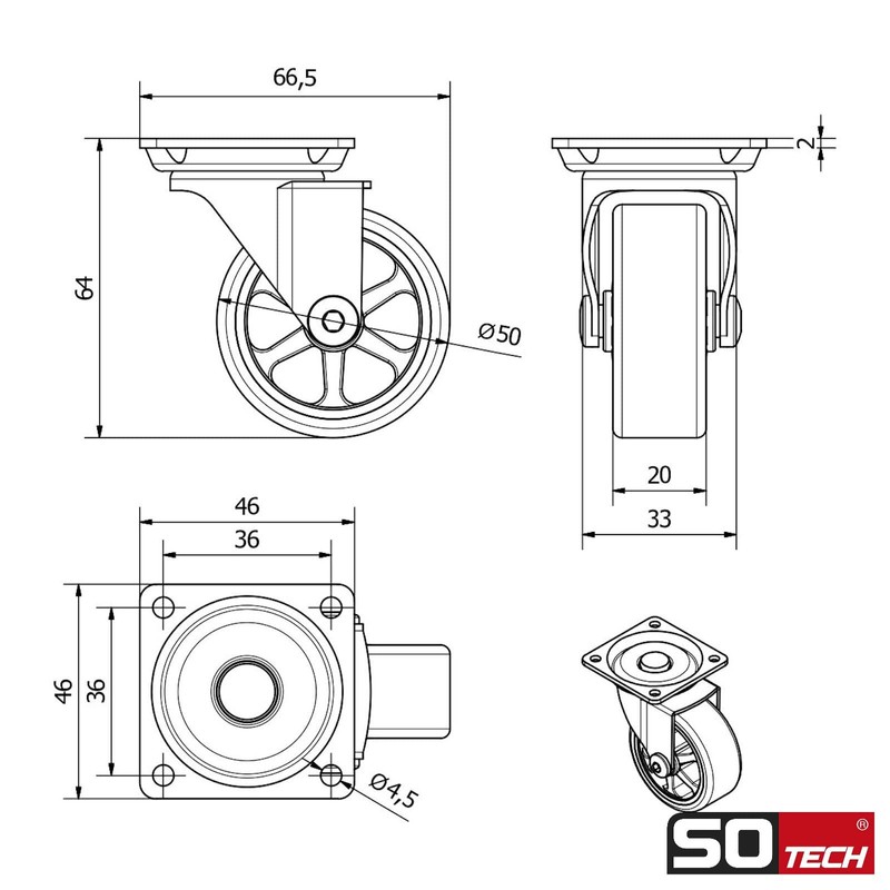 Set of 4 Decorative Design Furniture Castors RAPID Castors Diameter