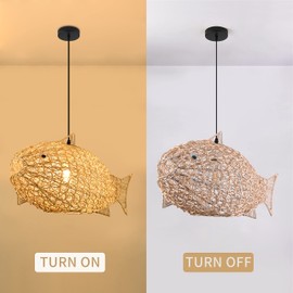 AyshwillDec 24 inch Fish-Shaped Rattan Woven Pendant Light Boho Chandelier Rustic Farmhouse Chandelier Rattan Light Fixture for Dining Room Living Room Bedroom Kitchen Foyer(Bulb Included)