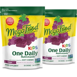 MegaFood Kids One Daily Multivitamin Soft Chews – Vitamins C, D, B, E for Immune Support & Growth – Vegetarian, Non-GMO, Allergen-Free – Grape Flavor – 30 Chews (2-Pack), Age 4+