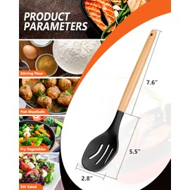 Large Silicone Cooking Spoons, 2 Pack Nonstick Solid and Slotted Wooden handle Spoon Set, Heat Resistan Silicone Kitchen Spoons for Cooking, Serving, Basting, Mixing (Black)
