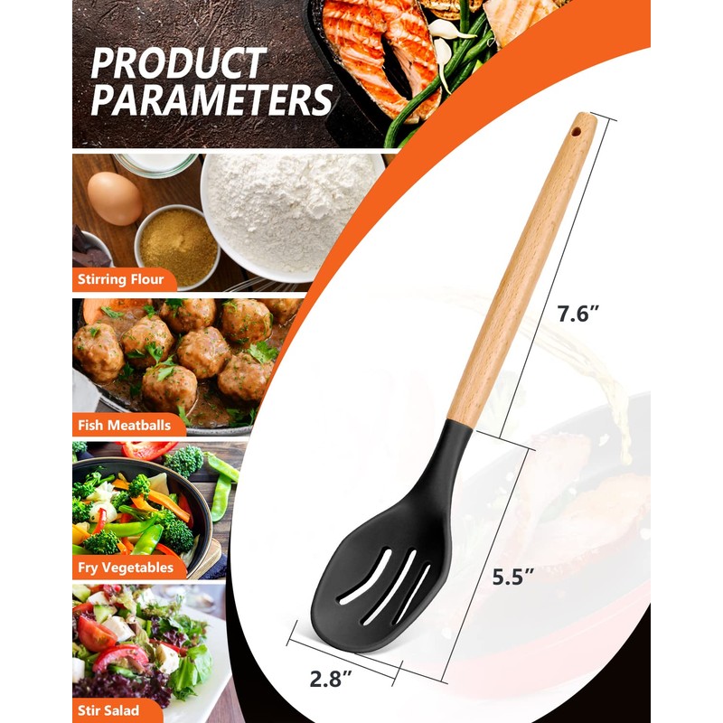 Large Silicone Cooking Spoons, 2 Pack Nonstick Solid and Slotted