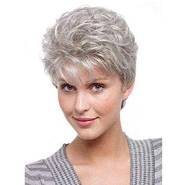 Umeet Short Fluffy Curly Wavy Hair Natural Grey Synthetic Wigs With Bangs for Women With Wig Cap, Gray