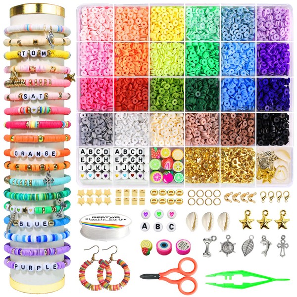 Redtwo 4200 Pcs Clay Beads Bracelet Making Kit, Friendship Preppy Flat Polymer Heishi Beads Jewelry Kits with Charms, Gifts for Teen Girls Crafts for Girls Ages 8-12