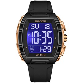 Luxury Men’s Digital Watch Tonneau Shape Dual Time 5ATM Waterproof Countdown Alarm LED Backlight Military Tactical Style Outdoor Sports Watches Wristwatch Gift-Ready Design Black and Gold (Black Gold A)
