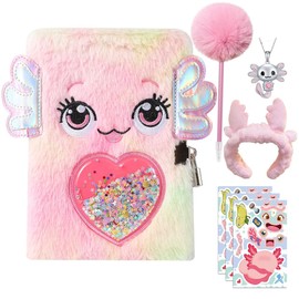 MOCETY Axolotl Diary with Lock, Gift, Secret Diary Journal Notebook with Plush Pen, 8 PCS Axolotl Stickers, Cute Axolotl Headband, Axolotl Necklace Axolotl Practical Gift for Birthday