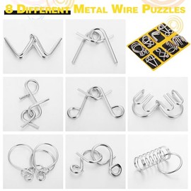 Metal Wire Puzzle Set of 8 with Pouch, Brain Teaser Puzzles IQ Test Ring Disentanglement Unlock Interlock Game Trick Metal for Party Favor Challenge(A