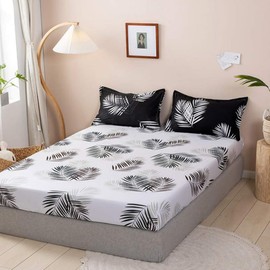 Leaves Bed Sheet Set Queen Decorative Luxury Leaf Print Bedding Set Botanical Plant White Black Fitted Sheet for Girls Teens Bedroom Decor Bed Cover with 2 Pillow Cases,Flat Sheet not Included
