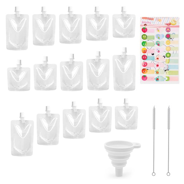 19er-Pack tragbares Reisetaschen-Set, transparente Getränketasche/trichterförmiger Trichter/Reinigungsbürste/Etikettenaufkleber, auslaufsichere Stand-Up-Getränketasche für Party,