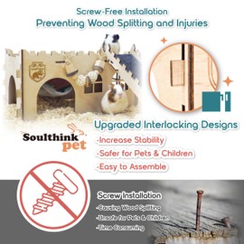 SoulThink® Large Guinea Pig Hideout & House - Easy to Assemble Wooden Guinea Pig Castle with Hammock, Ramp and Toys Accessories Habitat Suitable for Hamsters and Chinchilla