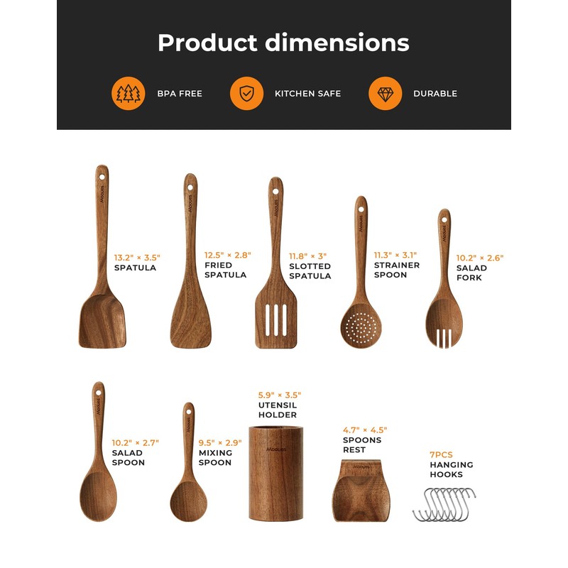 Mooues 9 Piece Natural Acacia Wooden Spoons for Cooking, Wooden