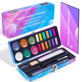 Watercolor Paint Set,18 Colors Glitter Watercolor Paint(12 Metallic Colors and 6 Chameleon Colors),Portable Travel Watercolor Set with Water Brush Pen,Pencil,Eraser,Watercolor Paper,for Adult Beginner
