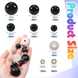 TOAOB 50pcs 16mm to 30mm Safety Eyes Black Plastic Dolls Eye with Washers