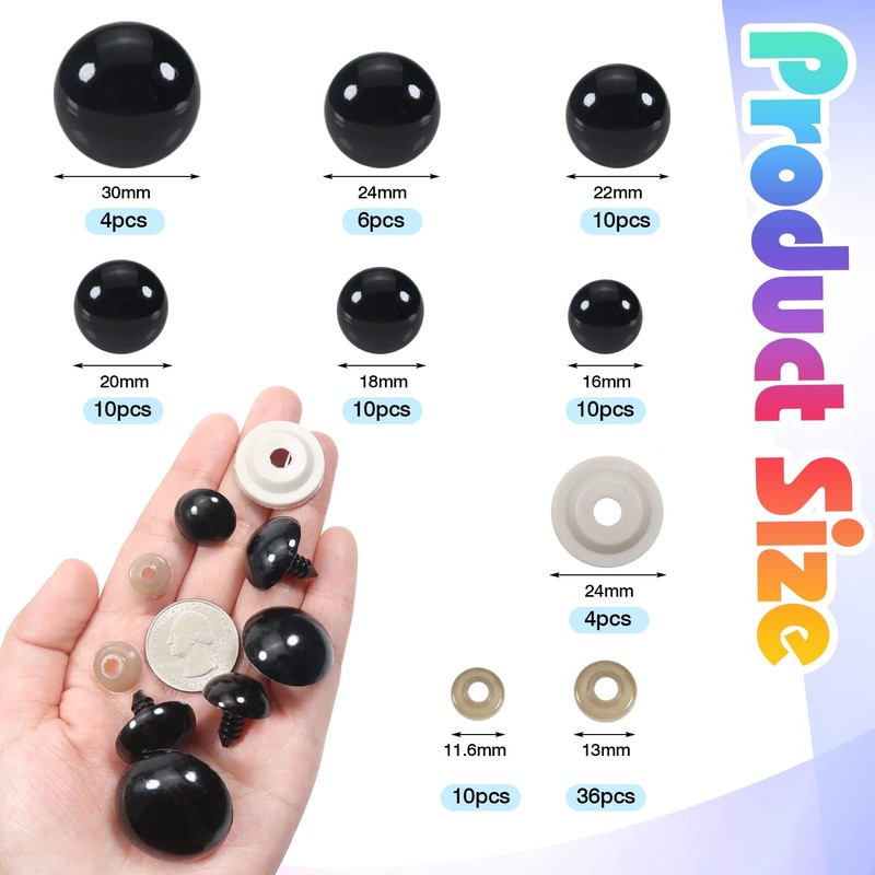 TOAOB 50pcs 16mm to 30mm Safety Eyes Black Plastic Dolls