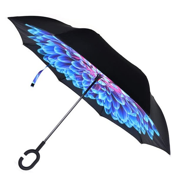 Parquet Bright Blue Flower Mosaic Double Layer Inverted Umbrellas -