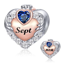 FOREVER QUEEN Love Heart Mom September Birthstone Charm for Bracelet 925 Sterling Silver Angle Wing with Crown Mother Bead Charms for Bracelet Necklace, Best Birthday Gift for her