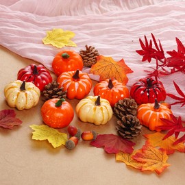 cnomg 25Pcs Fake Pumpkins Mini Artificial Pumpkin Set Fall Harvest Decoration Kit Fake Maple Leaves Acorns Pinecones for Fall Home Farmhouse Harvest Thanksgiving Table Decor