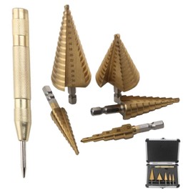 Bamyli 6 Pcs Step Drill Bits Set High Speed Steel Titanium Coated Cobalt Cone Step Drill Bit with Automatic Center Punch,Step Bits for Plastic Wood Metal Aluminum Iron DIY