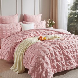 Luowei Seersucker Bed Linen 135 x 200 cm Checked Pink Fluffy Non-Iron Aesthetic Set Summer Cooling Duvet Cover 135 x 200 cm with Zip and Pillowcase 80 x 80 cm