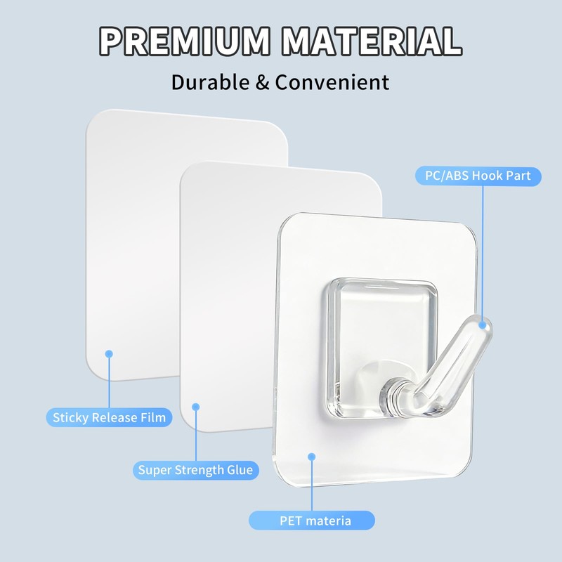 Fzundken 20 Pack Adhesive Wall Hooks for Hanging, Clear Adhesive