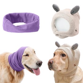 Quiet Ears for Dogs Anxiety Barking - Dog Ear Covers Muffs Snood for Noise Protection - 2PCS Hearing Earmuffs Fireworks Anti Anxiety Hat for Large Dogs (Purple & White)